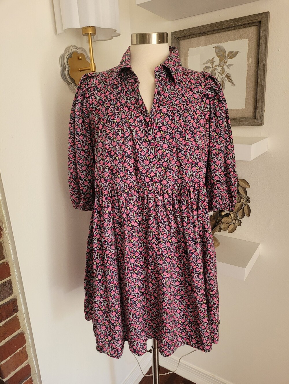 Meet Me In Santirini Pink Floral Collared Puff SleevesTunic Dress Medium